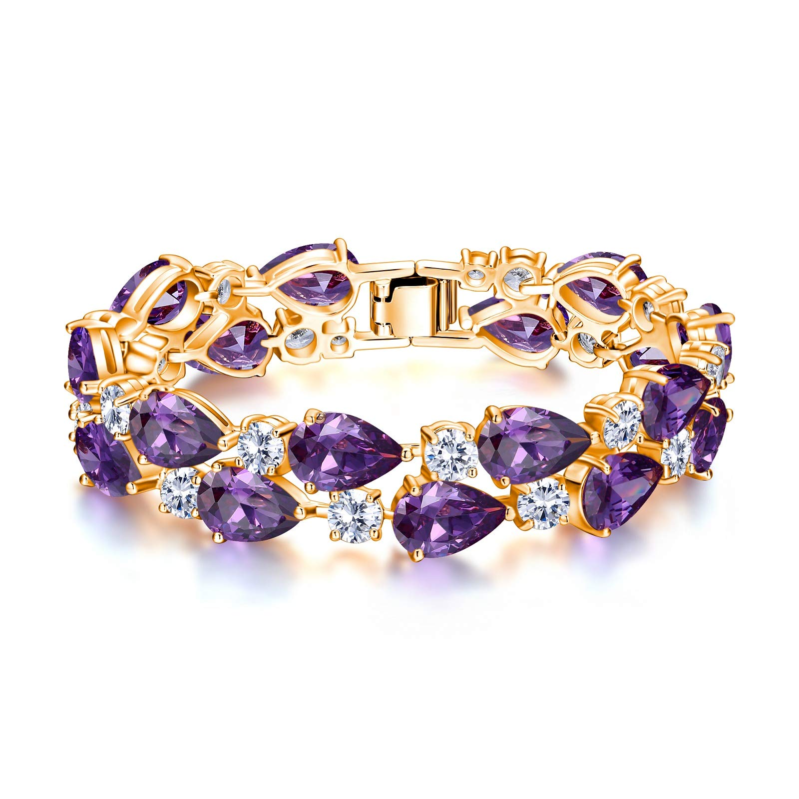Ever Faith Cubic Zirconia Wedding Bridal Bracelet, 2 Layers Teardrop CZ Tennis Bracelet for Women Girls Purple Gold-Tone