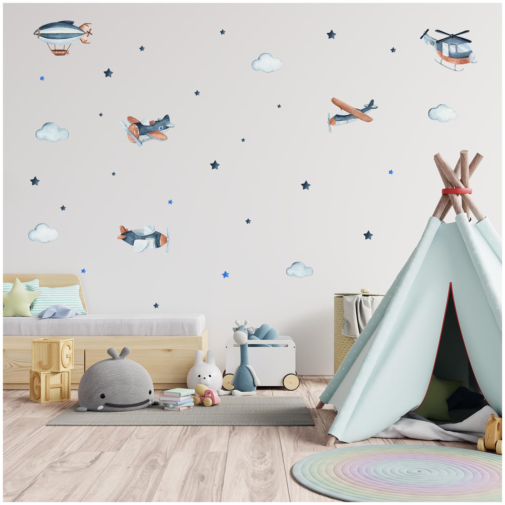 yabaduu Personalised Wall Stickers Watercolor Animals with Name Wall Stickers for Children's Room Baby Room Playroom Girl Y037 (No Name, No 2 Planes)