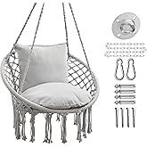 JoyView Macrame Hammock Chair Hanging Swing Chair Max 330 Lbs with 2 Cushions and Hardware Kits for Indoor Outdoor Bedroom Patio Garden - Light Grey