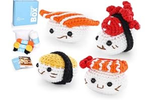 Cudroza Crochet Kit for Beginners Starter - 4 PCS Sushi Crochet Kits with Step-by-Step Video Tutorials and Yarns, Hook, Accessories, Birthday DIY Handmade Craft Gift for Adults and Kids(30%+ Yarn)