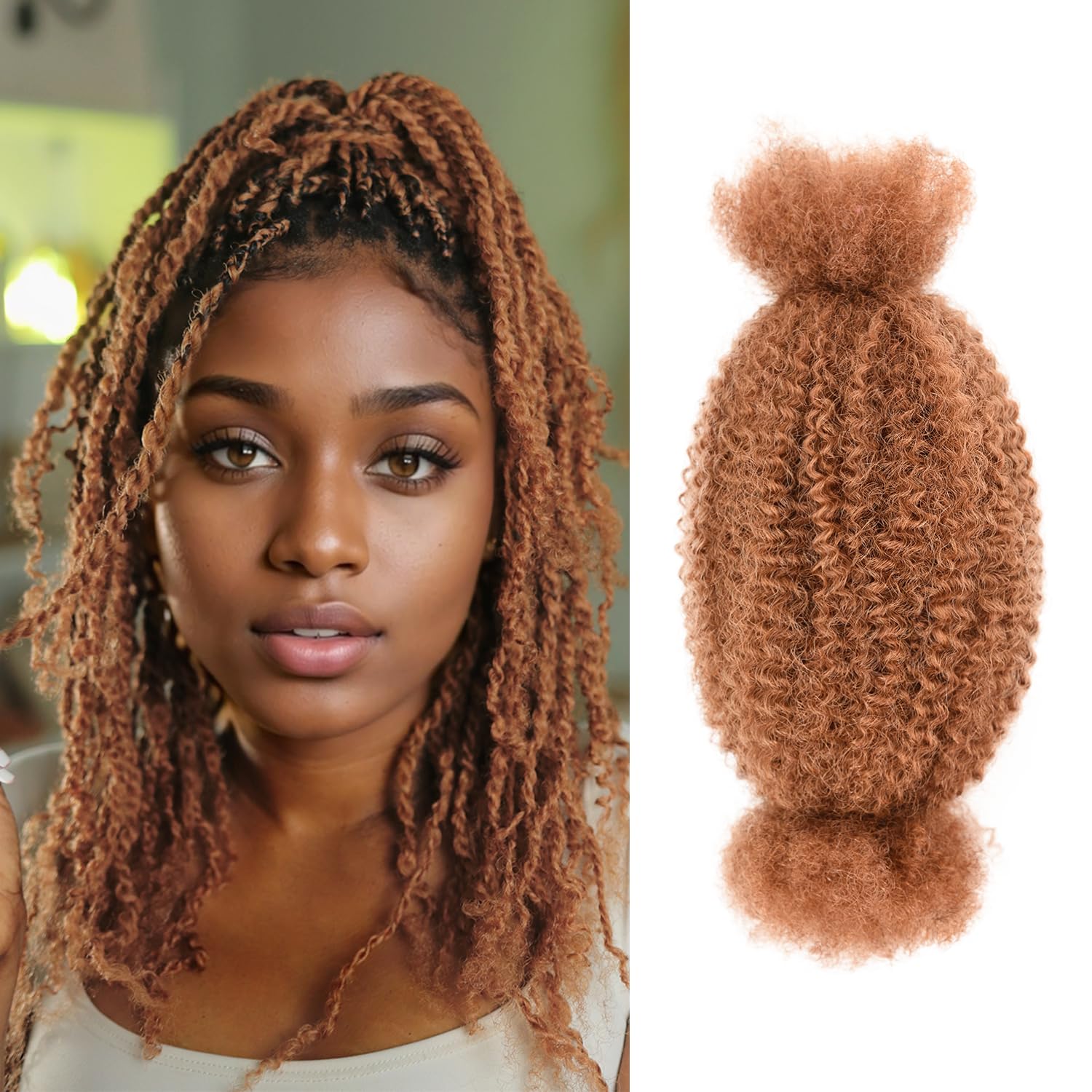 Photo 1 of ?Afro Kinkys Bulk Human Hair Kinky-Curly 100% Real Human Hair for Twist, Braiding, Dreadlocks & Sister Locs, Natural Soft Pre Fluffed, Can Be Dyed Bleached (#30 Medium Auburn, 16 Inch)