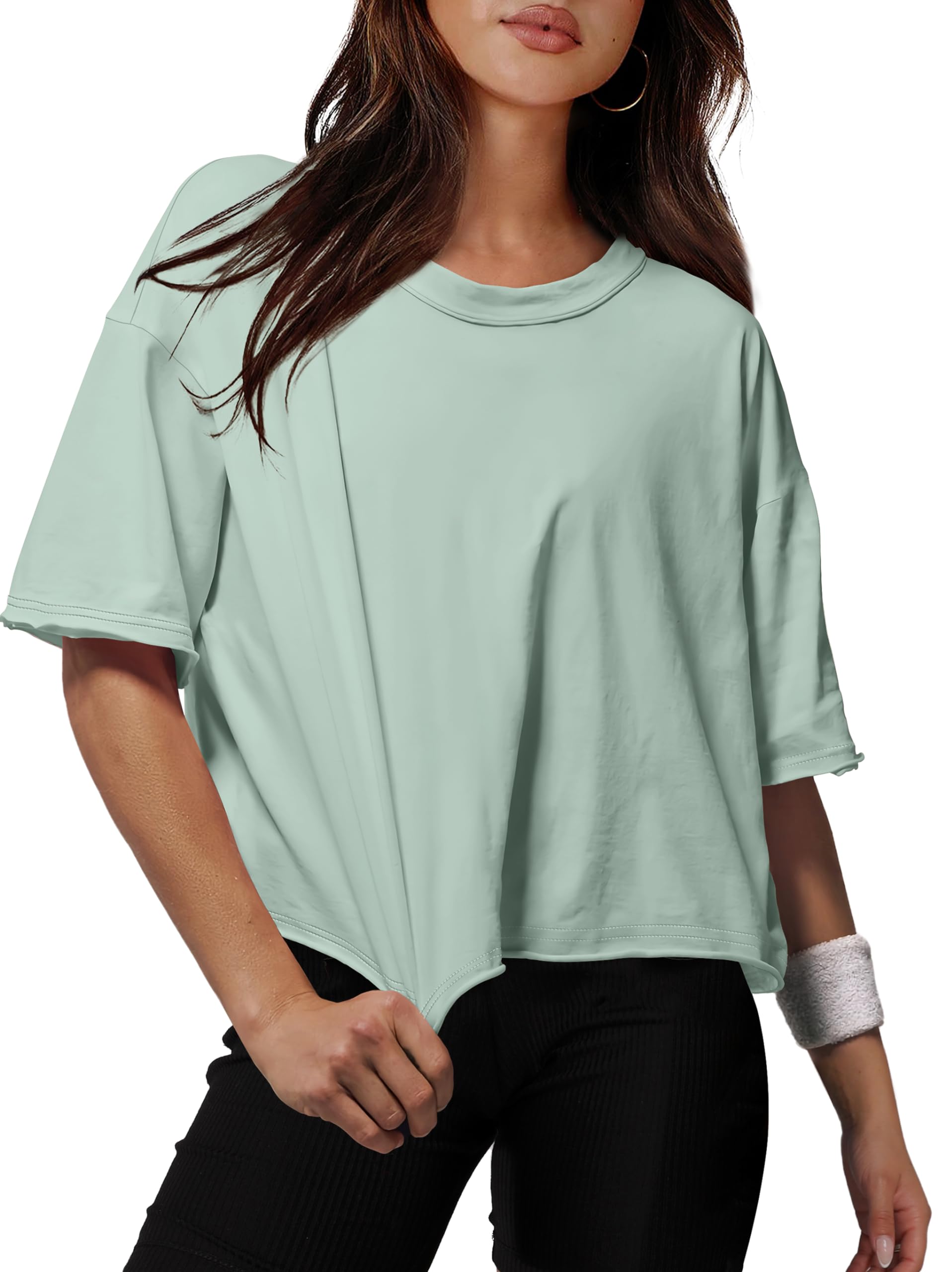 Photo 1 of XIEERDUO Womens Casual Crop Tops Short Sleeve Oversized Crop Tee Shirts Round Neck Workout Tees Sage Green S
