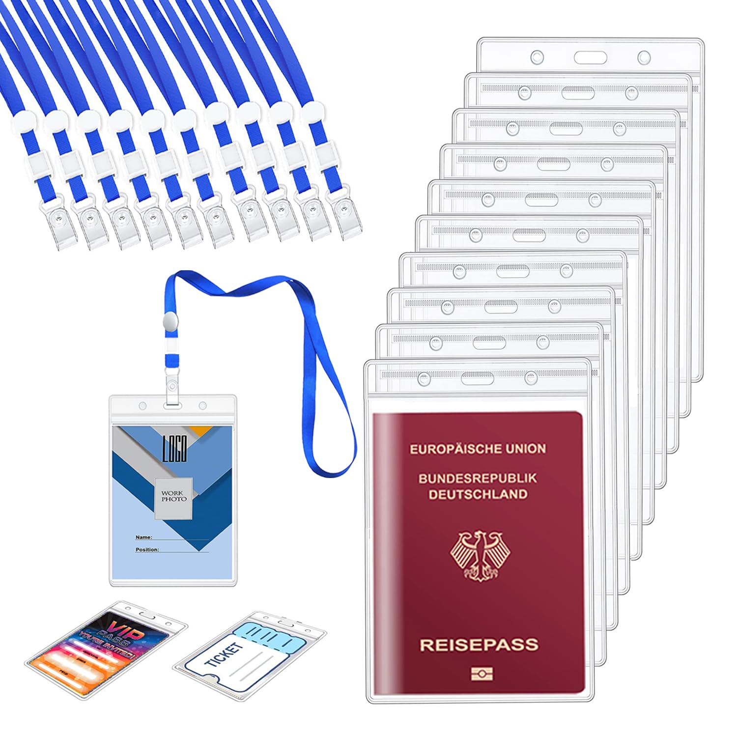 AZWOOD A6 Badge Holder with Lanyards, 10 Set 11 x16cm ID Card Badge Holders, Extra Large Vertical PVC Clear Card Sleeve Plastic Badges Name Tag for Passport ID Cards Office School Business Exhibition