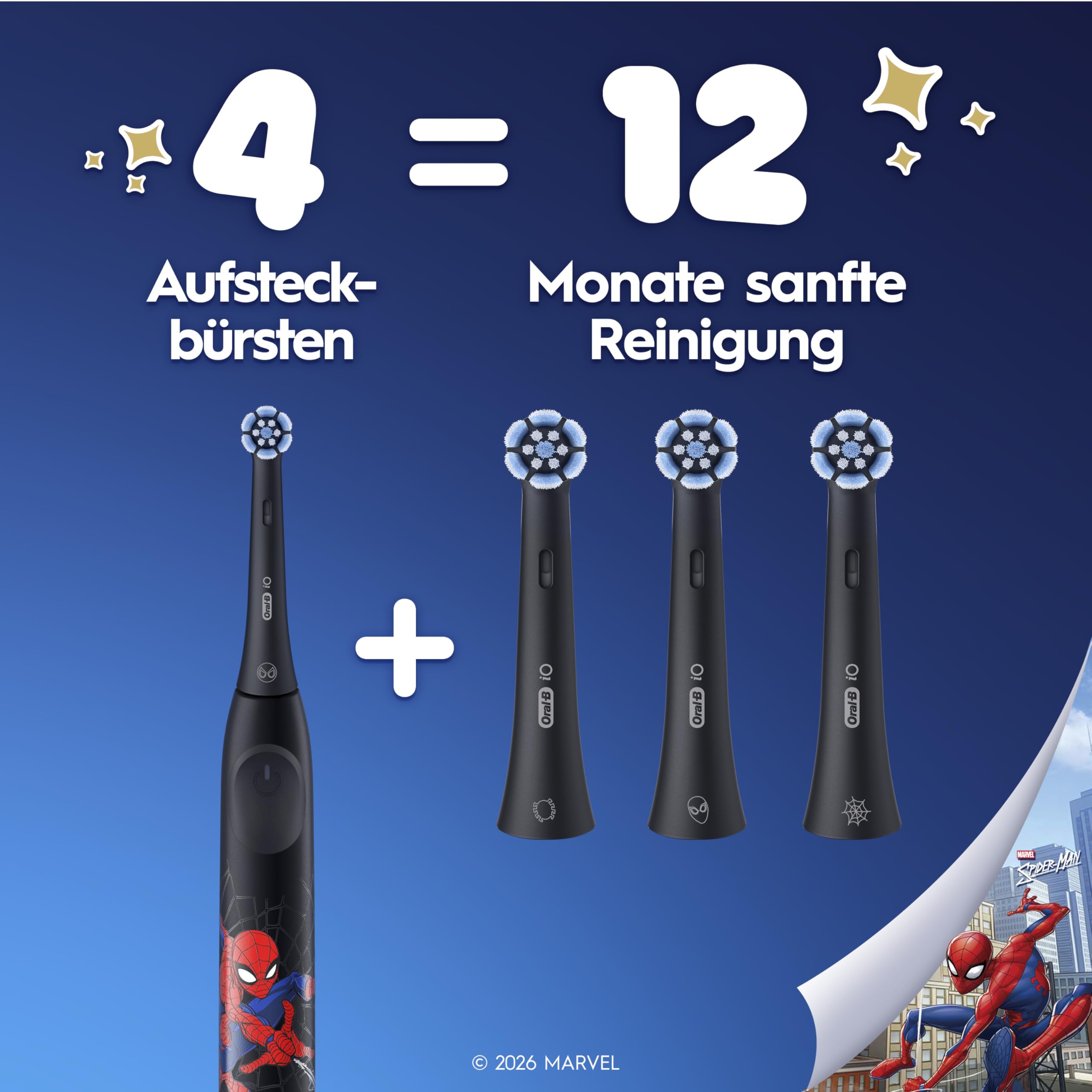 Oral-B iO Aufsteckbürsten Kids 6+ Marvel Spiderman, Schwarz, 8 Stück - Original Zahnbürstenaufsatz für Elektrische Zahnbürste für Kinder ab 6 Jahren, Zahnbürstenköpfe, Sanft Zu Zähnen Und Zahnfleisch 8