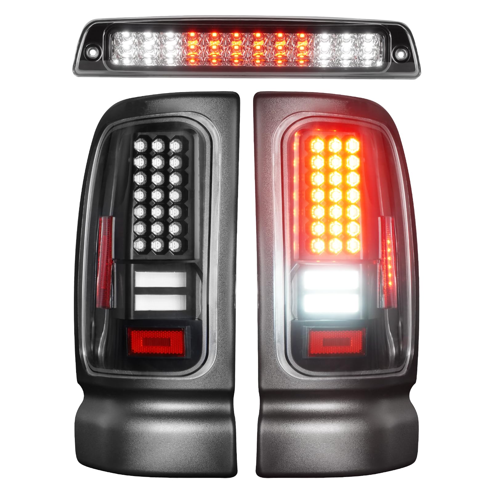 Photo 1 of LED Tail Light + 3rd Brake Light Kit Fit for Ram 1500 1994-2001, for Ram 2500 3500 1994-2002, Taillights and High Mount Stop Light, 3 Pcs, Black Housing Clear Lens
