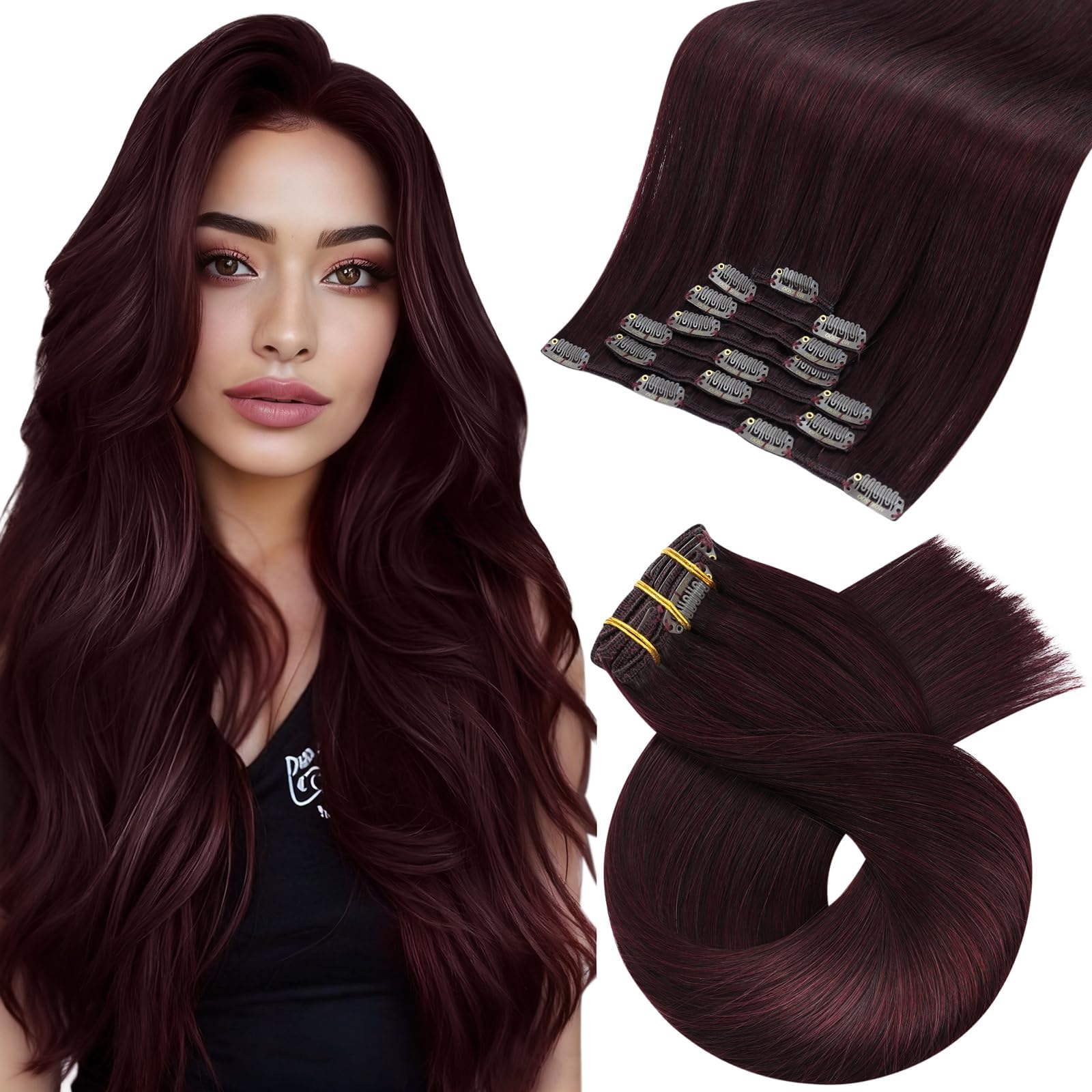 Moresoo Clip in Hair Extensions Real Human Hair 16 Inch Wine Red Hair Extensions Clip in Burgundy Remy Straight Hair 7pcs/120G #99J