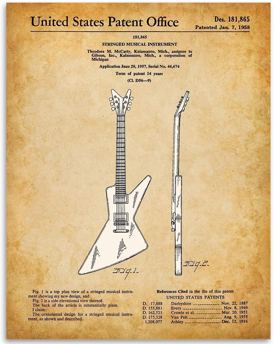 1958 Gibson Explorer Guitar Patent - 11x14 Unframed Patent Print - Great Gift for Guitar Players and Musicians and Studio and Home Decor Under $15