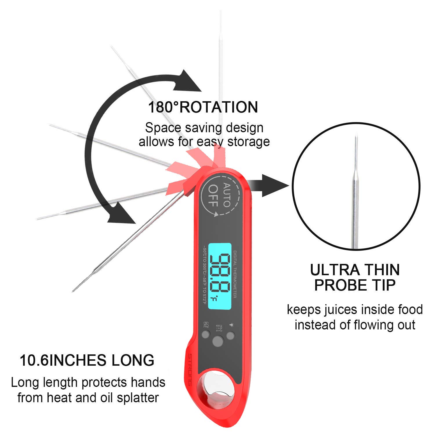 Meat Thermometer, Instant Read Thermometer with Foldable Probe and Bottle Opener, with One Extra Battery
