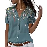 Chicwave Womens Button Down Shirts Short Sleeve Summer Linen V Neck Collared Hawaiian Floral Print Cat Casual Blouse Tops