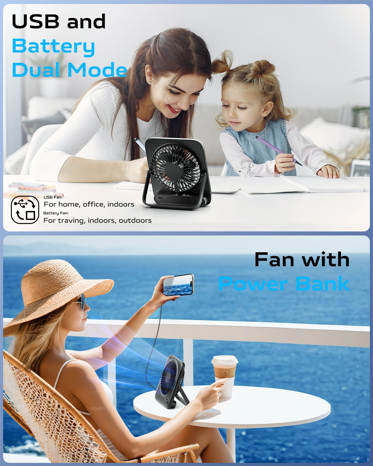 Otlonpe Personal Portable Desk Fan Battery Operated, 4000mAh Small USB Rechargeable Portable Fans for Travel Sleeping Bedroom Office Home Table, Led Display, Cordless, Quiet, 4-Speed, 6.5 Inch (Black)