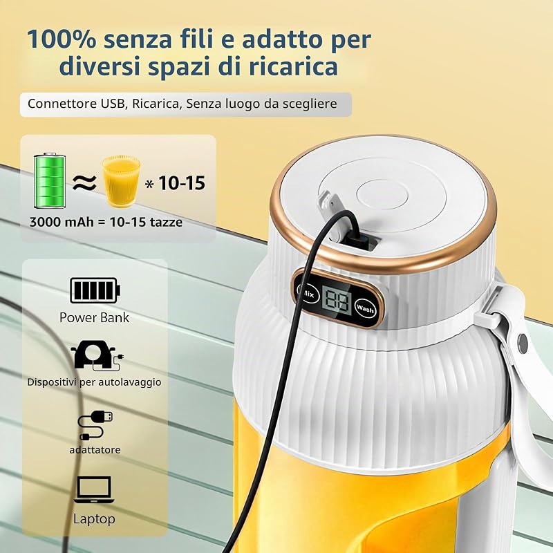 【Migliorato】Fine Life Pro Frullatore/Spremiagrumi/Mixer Portatile Ricaricabile, Nuovo 1200ML Smoothie Maker con Display Digitale per Frutta e Verdura, Due Modalità,Facile Da Pulire,Lama 3D-10,BPA Free — foto 6 di 8