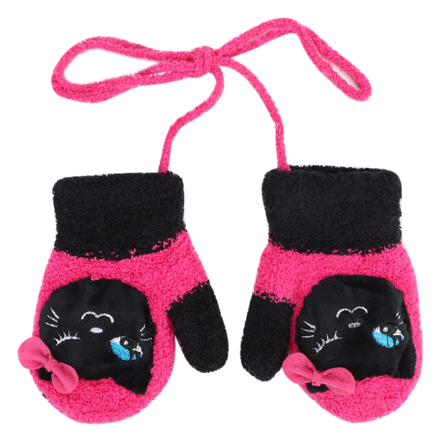 Squeaky Baby Cartoon Gloves Toddler Cute Winter Warm Full Finger Mittens Hanging Neck Velvet Lined Knitted Mitts for Infants Kids Boys Girls 1-3 Years Old Birthday Gifts