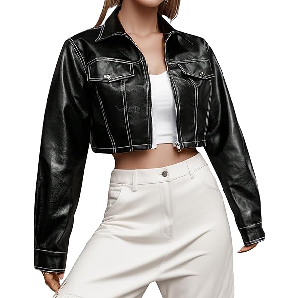 CORIRESHA Women's Cropped Faux Leather Jacket Exposed Seams Lapel