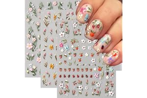 QDSUH Nail Stickers for Nail Art, 5D Embossed Cute Floral Bee Ladybug Flower Nail Decals Summer Ladybug Bee Tulip Strawberry Leaf Fruit Floral Spring Flower Nail Art Supplies for Women Girls (3 Sheets)