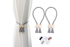 OCIOLI 2 Pack Strong Magnetic Curtain Tiebacks Curtain Holdbacks Outdoor Curtain Tiebacks Cotton Hand Woven Tie Backs Drapery Holdbacks Curtain Ties for Drapes (Grey, 2)