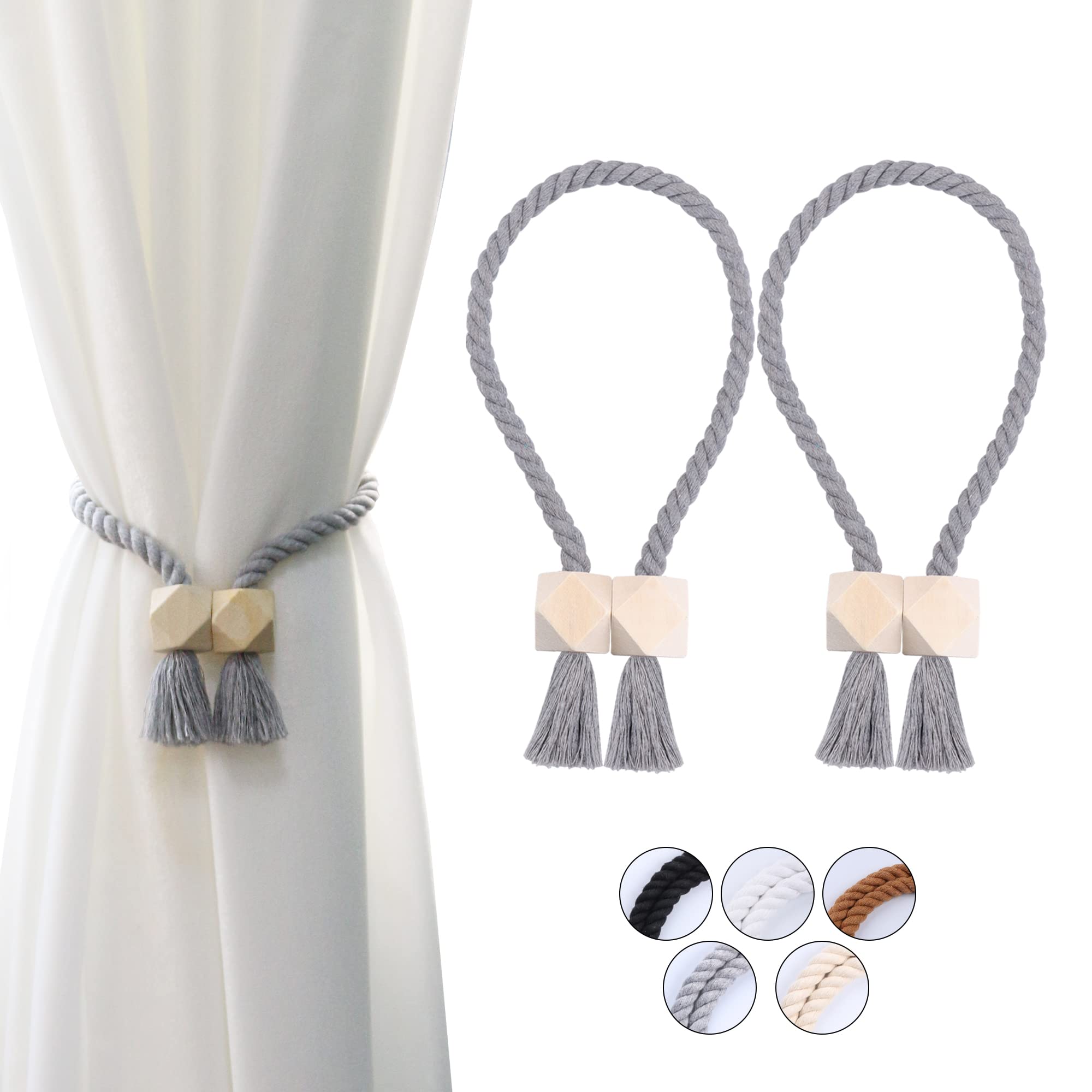 OCIOLI 2 Pack Strong Magnetic Curtain Tiebacks Curtain Holdbacks Outdoor Curtain Tiebacks Cotton Hand Woven Tie Backs Drapery Holdbacks Curtain Ties for Drapes (Grey, 2)