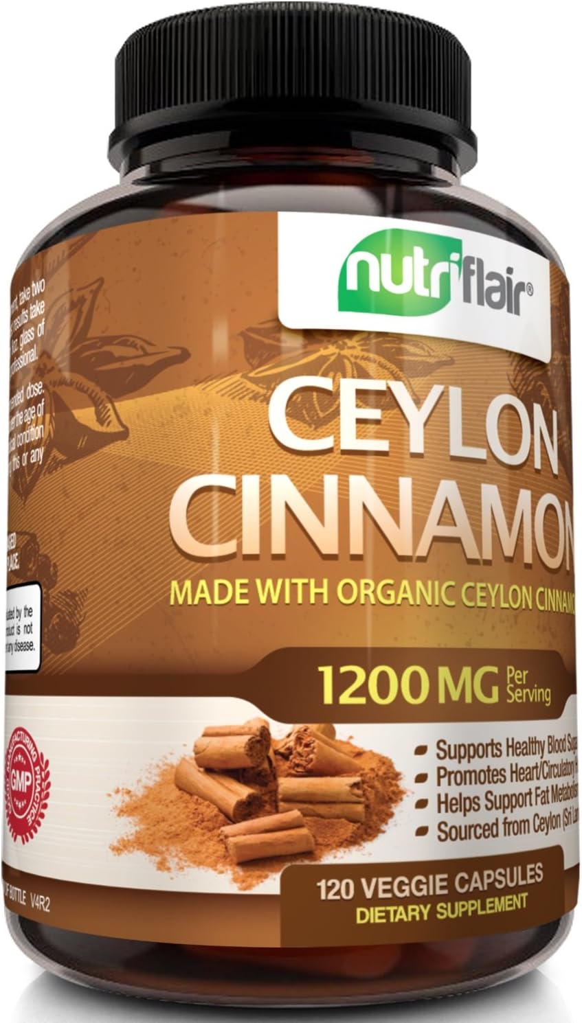 NutriFlair Ceylon Cinnamon (Made with Organic Ceylon Cinnamon) 1200mg per Serving, 120 Capsules - Healthy Blood Sugar Support, Joint Support, Anti-inflammatory & Antioxidant - True Sri Lanka Cinnamon: Health & Personal Care