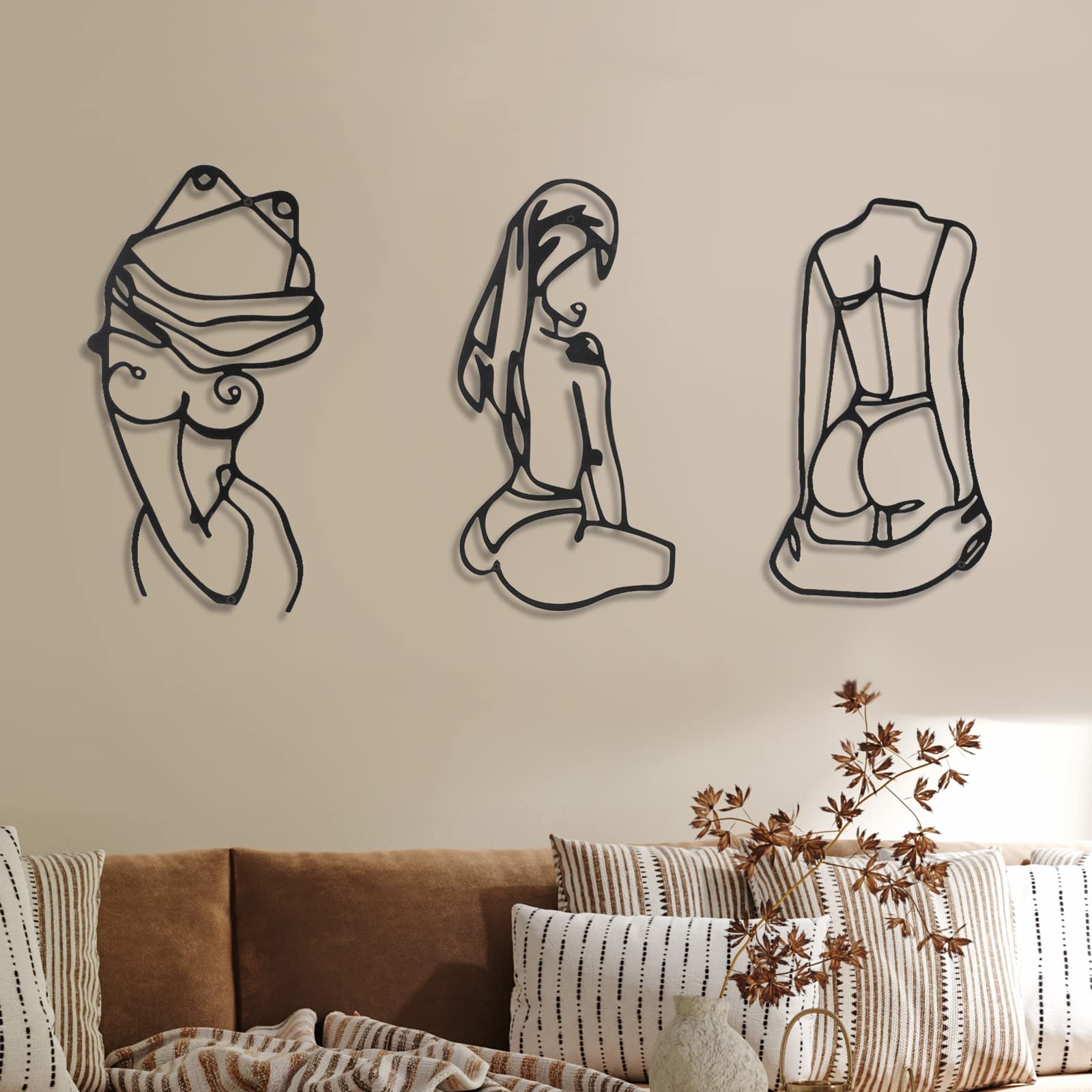 Photect 3 Pcs Metal Wall Art Decor Minimalist Abstract Woman Wall Art Metal Modern Line Drawing Decor Female Single Line Home Hanging for Bedroom Bathroom Living Room Housewarming(Lively,Black)