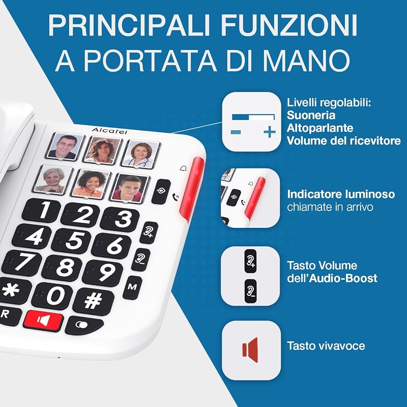 TMAX 10+ Telefono a filo per anziani - Tasti grandi - Audio Boost - Tasti con foto - Vivavoce - Indicatore luminoso di chiamata - Suoneria forte - Compatibile con apparecchi acustici