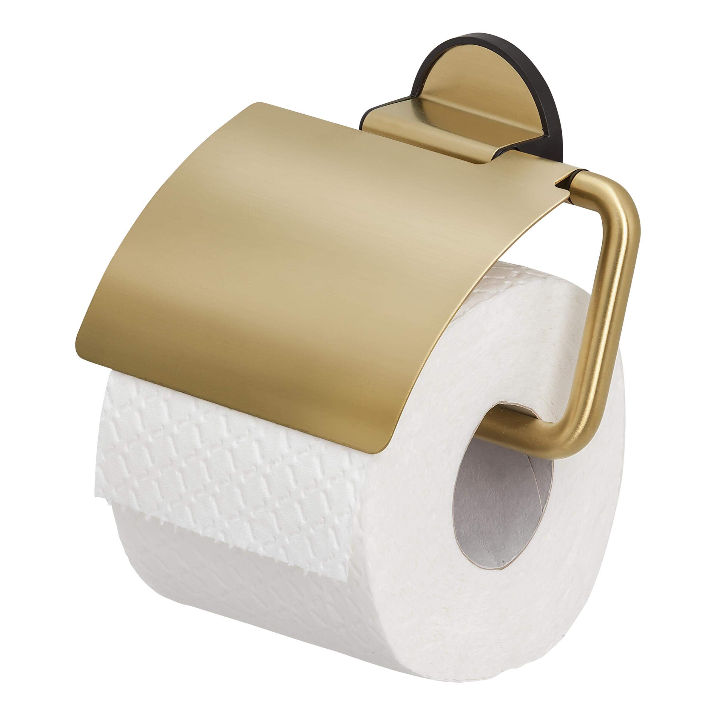 Tiger Tune Toilet Roll Holder with Cover, No Drilling Required Thanks to 3M Self-Adhesive Backing System, Optional Mounting with Screws and Plugs, Brass Brushed, Black, 15 x 12.3 x 3.3 cm
