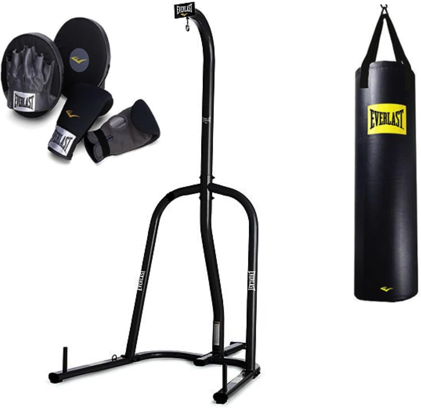 Bundle of 3: everlast single station heavy bag stand, everlast 100-Pound Boxing Heavy Bag, and everlast four-piece boxing training gloves