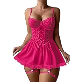 Lilosy Sexy Garter Belt Mesh Lace Babydoll Lingerie Dress Set with Thong