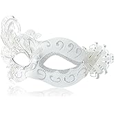 MYSEUNI 2025 New White Masquerade Mask for Women-Peacock Metal Masquerade Venetian Mask Silver- Masks for Women Butterfly - Mardi Gras, Halloween Parties, Costume Party, Carnivals, Wedding