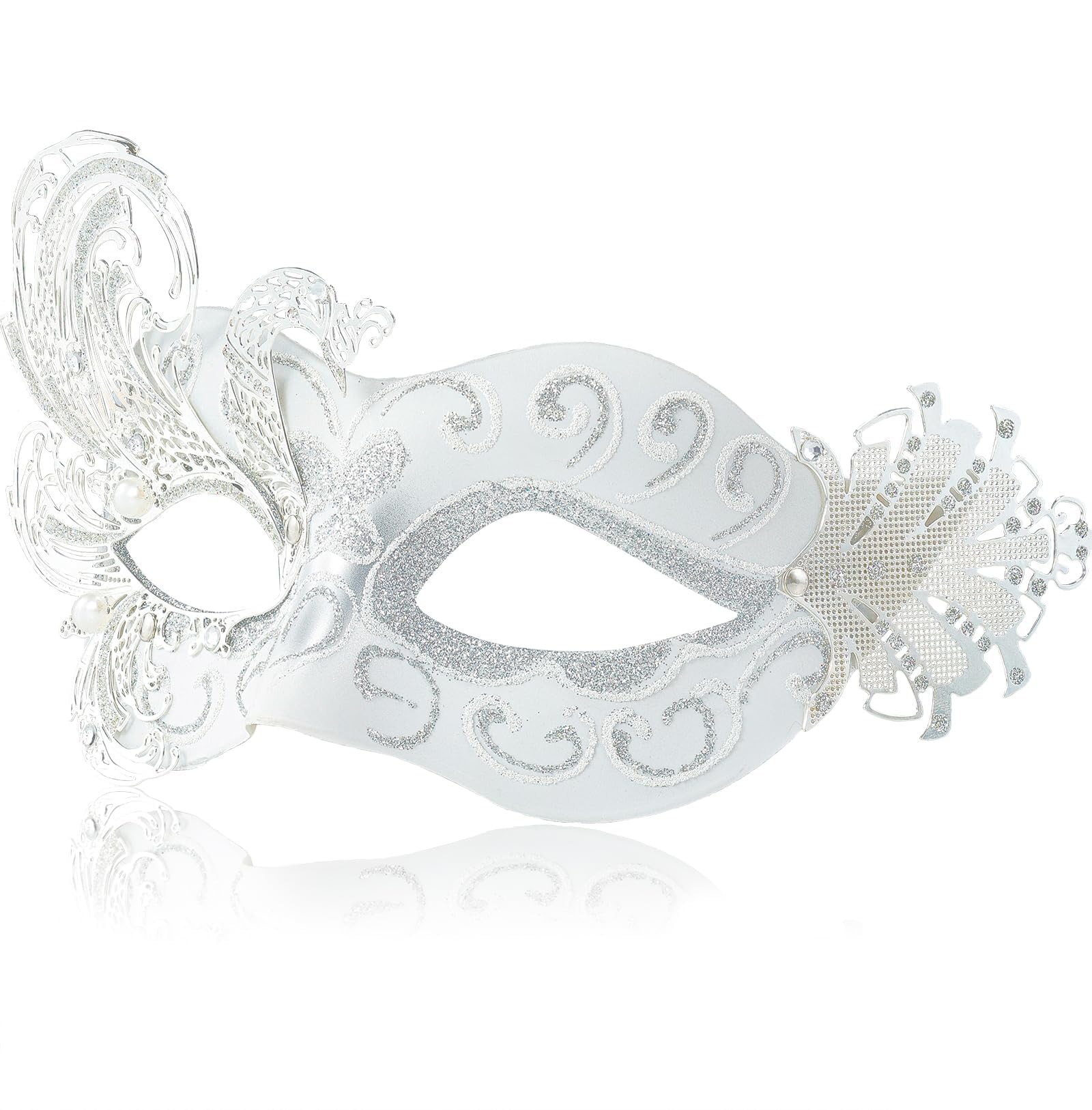 MYSEUNI 2024 New White Masquerade Mask - Peacock Metal Venetian Mask for Women - Butterfly - Mardi Gras, Halloween Parties, Costume Party, Carnivals, Wedding