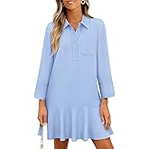 MEROKEETY Women's 2025 Fall 3/4 Sleeve Shirt Dress Casual Button Down Shift Pleated Midi Dresses with Pockets