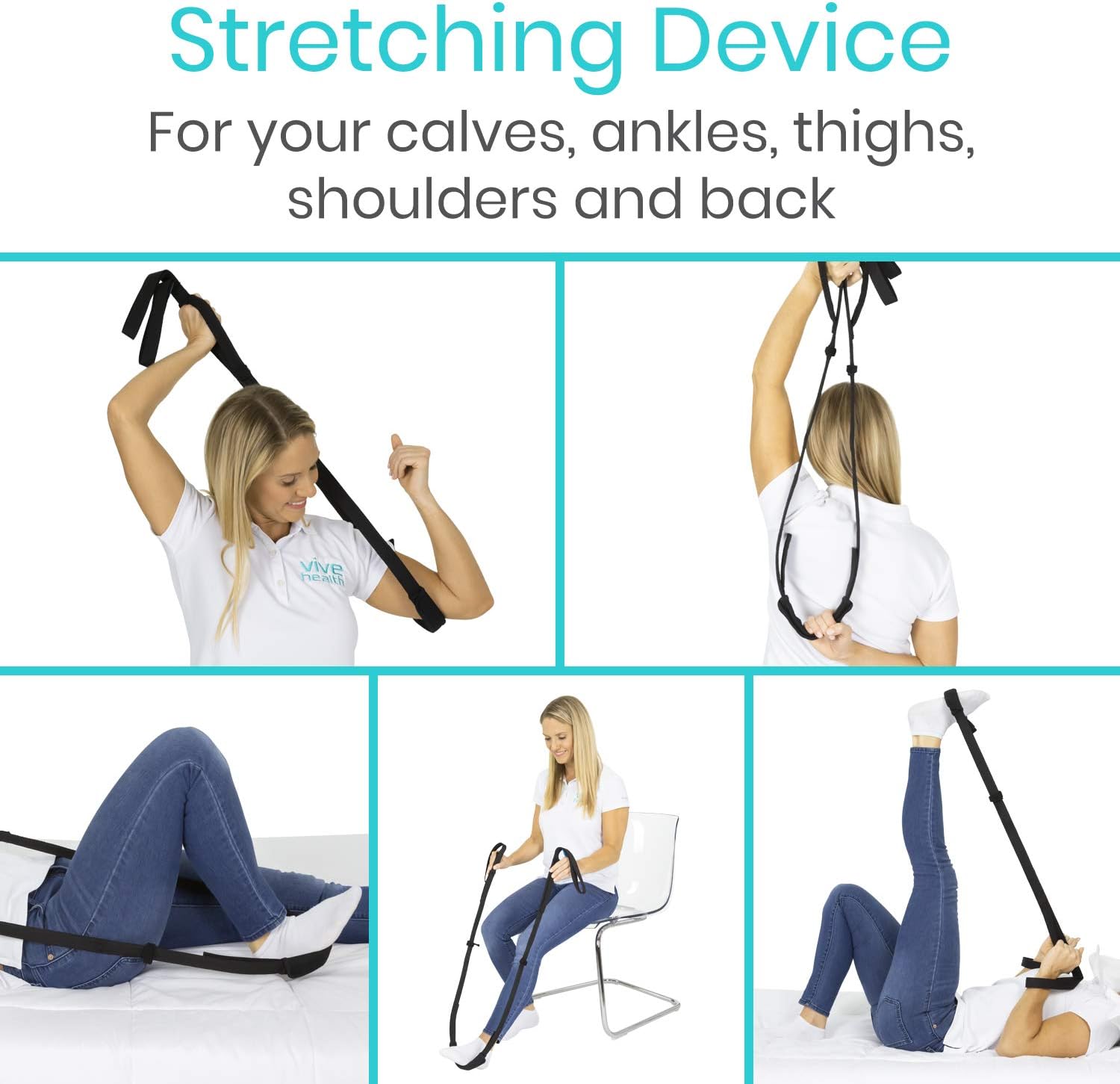 Vive Proflex Strap - Leg Lifter Assist with Nylon Webbing for Recovery, Stretching - Feet Loop with Hand Grips - Lift and Stretch Foot, Calf - Rigid for Elderly, Handicapped, Injury, Car and Bed: Health & Personal Care