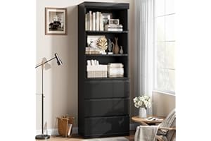 Garvee 70" Tall Bookcase with 3 Drawers & 3 Open Shelves, Modern Wood Storage Cabinet with Sleek Finish and Angled Drawer Det
