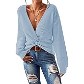 Pink Queen Women's 2025 Casual Pullover Sweaters Sexy V Neck Long Sleeve Twist Knot Cropped Knit Sweater Tops