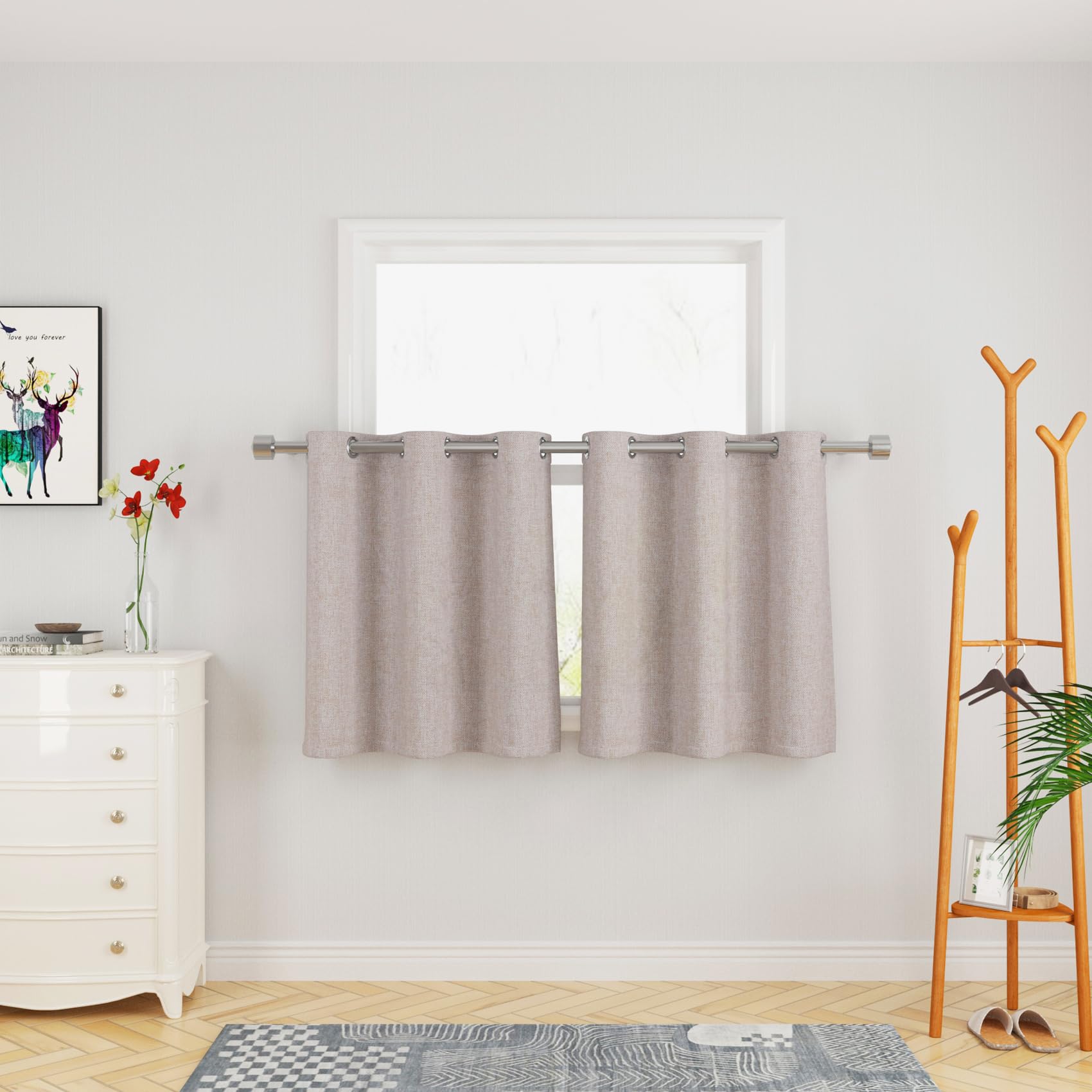 Photo 1 of UPOPO Beige Tier Curtains Over Sink Linen Textured Small Kitchen Window 30 inches Long Short Privacy Cafe Curtains Mini Bathroom Cabinet Caravan Basement Half Window Curtain 2 Panels Grommet Top