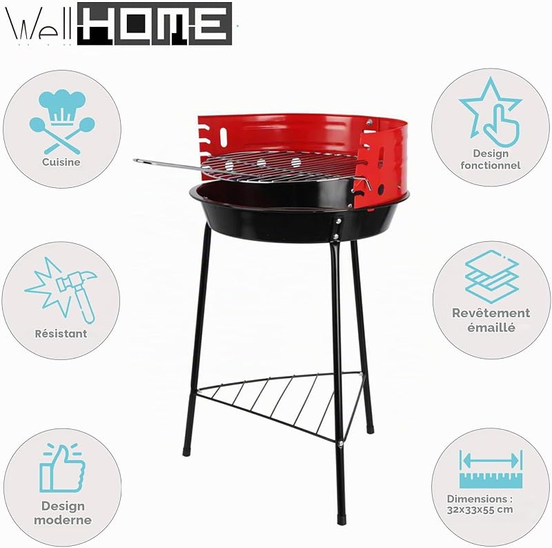 Well Home Barbecue à 3 pieds avec grille chromée de couleur noire 32 x 33 x 55 cm