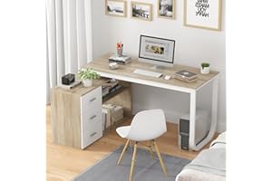Homsee Home Office Computer Desk Corner Desk with 3 Drawers and 2 Shelves, 55 Inch Large L-Shaped Study Writing Table with Storage Cabinet - Walnut and White