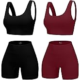 YWBIN 4 Piece Workout Sets for Women Seamless Ribbed High Waist Yoga shorts with Sports Bra Outfits