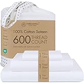 Threadmill 100% Cotton Sheets for Twin Size Bed - 600 Thread Count Twin Bed Sheets Set with 15” Deep Pocket - Sateen Weave 3-Piece Bedding Set with Cooling Effect, White