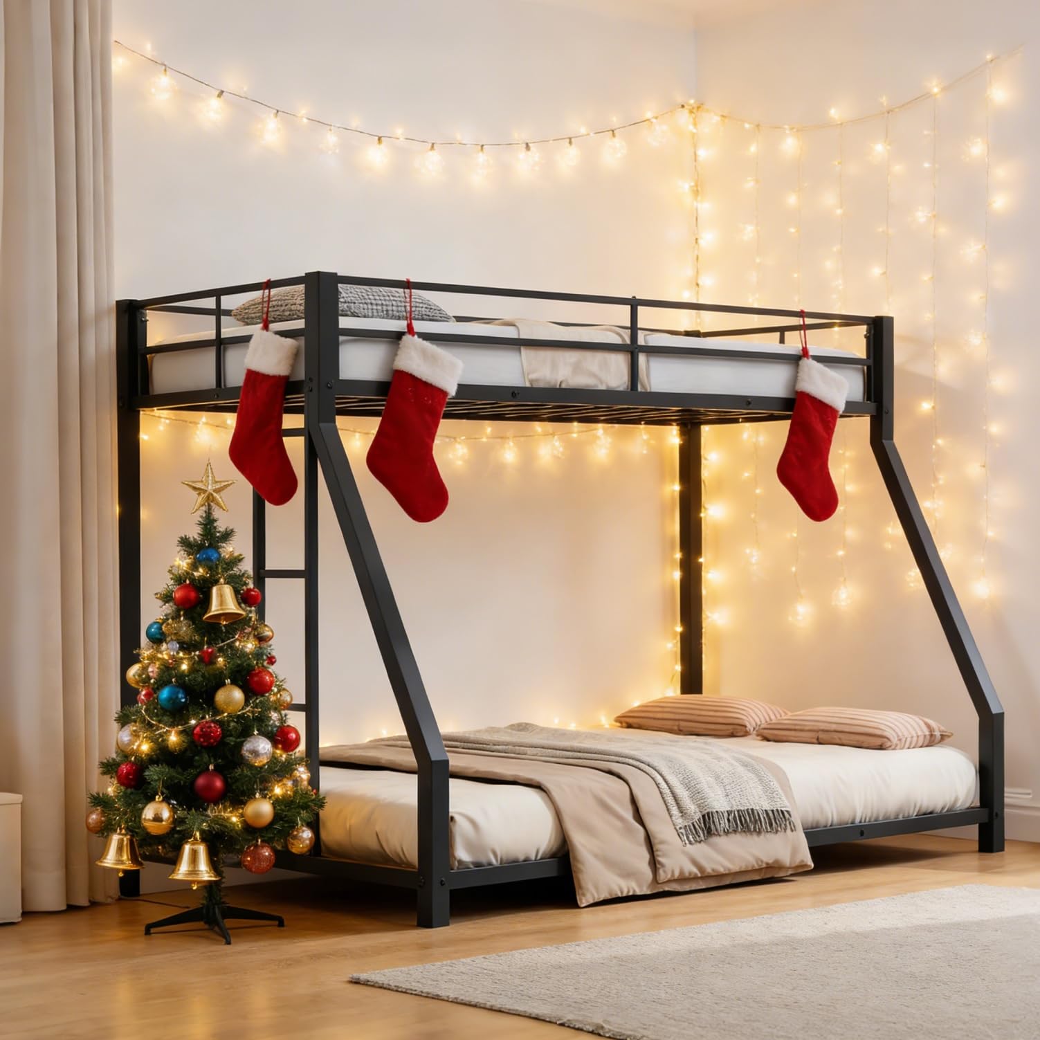 Photo 1 of Metal Twin XL Over Queen Bunk Bed for Teens and Adults, Space-Saving/Noise Reduced/No Box Spring Needed, Black