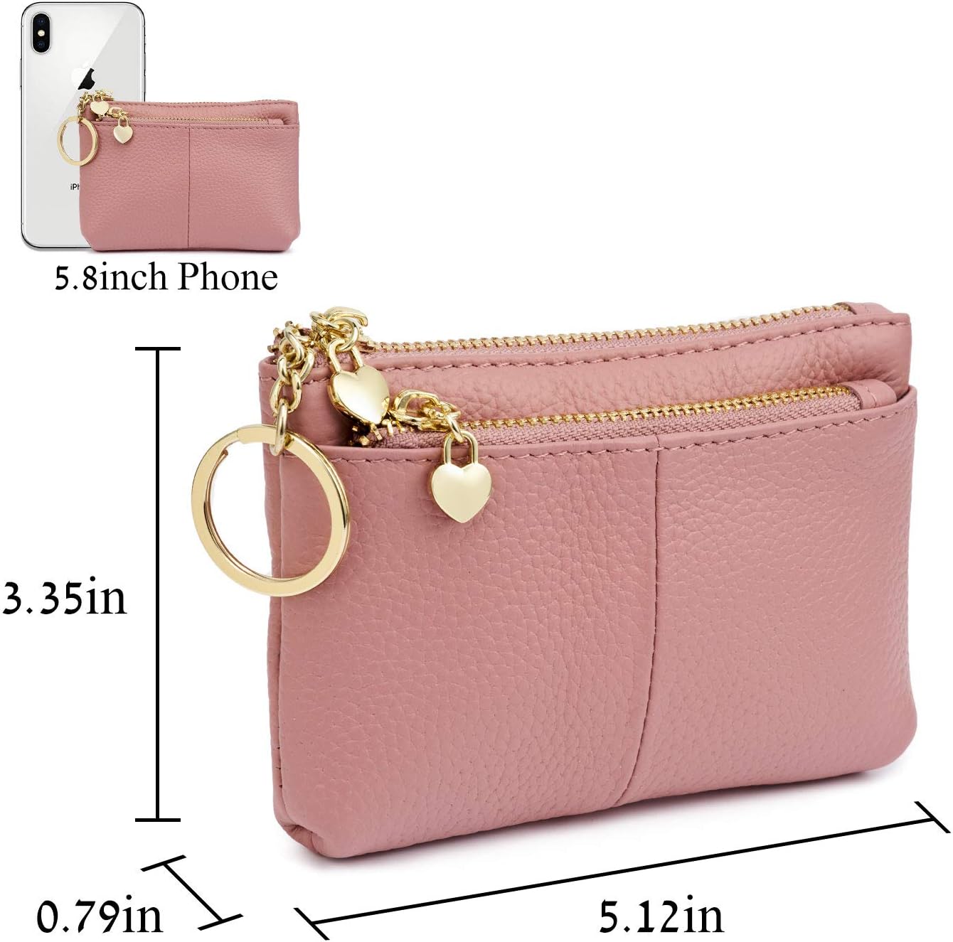 Women Genuine Leather Zip Mini Coin Purse with Key Ring Triple Zipper Card Holder Wallet (Pink) - Image 5