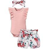 Hundofam Baby Girl Clothes Infant Summer Outfits Set Ruffle Sleeve Romper Floral Pants 3PCS Bodysuit +Shorts +Headband