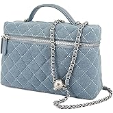 M-ioi-M Small Quilted Denim Top-Handle Pouch Purse for Women, Designer Slim Vanity Case, Crossbody Bag with Removable Strap