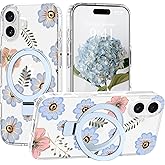Nzenguer for iPhone 16 Case with Stand [Compatible with MagSafe] Pretty Floral Print Clear Back Magnetic Silicone Shockproof Cute Flower Pattern Phone Case for iPhone 16 Women Girls, Purple & Blue