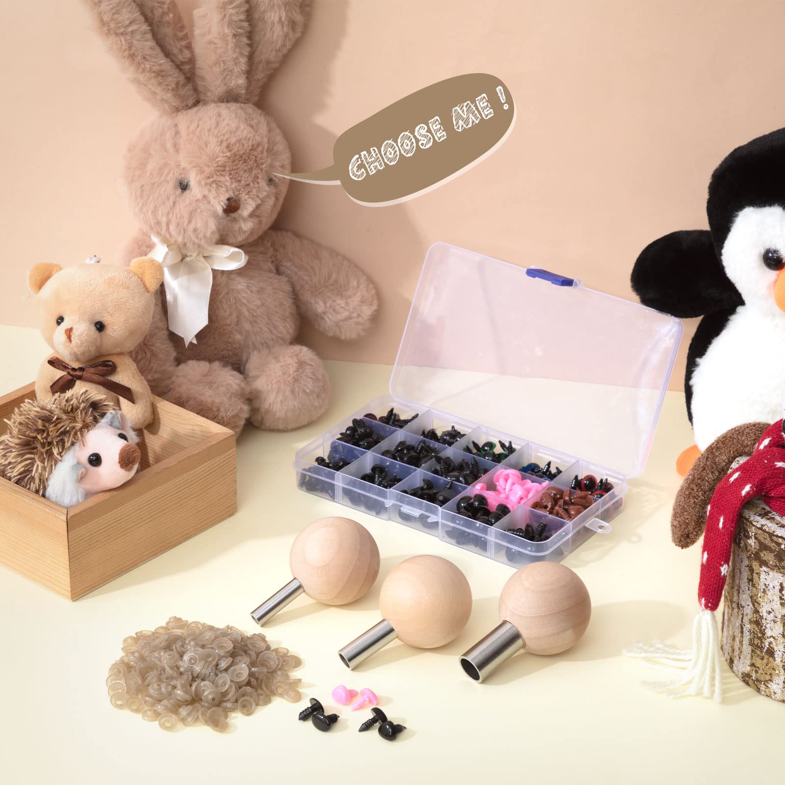 3 Pcs Safety Eye Tool Auxiliary Tools for Attaching Washers and 280 Pcs Plastic Craft Crochet Eyes Doll Eyes and Noses with Washers Set, Safety Eye Tool for DIY Amigurumi Puppet Bear Stuffed Animals
