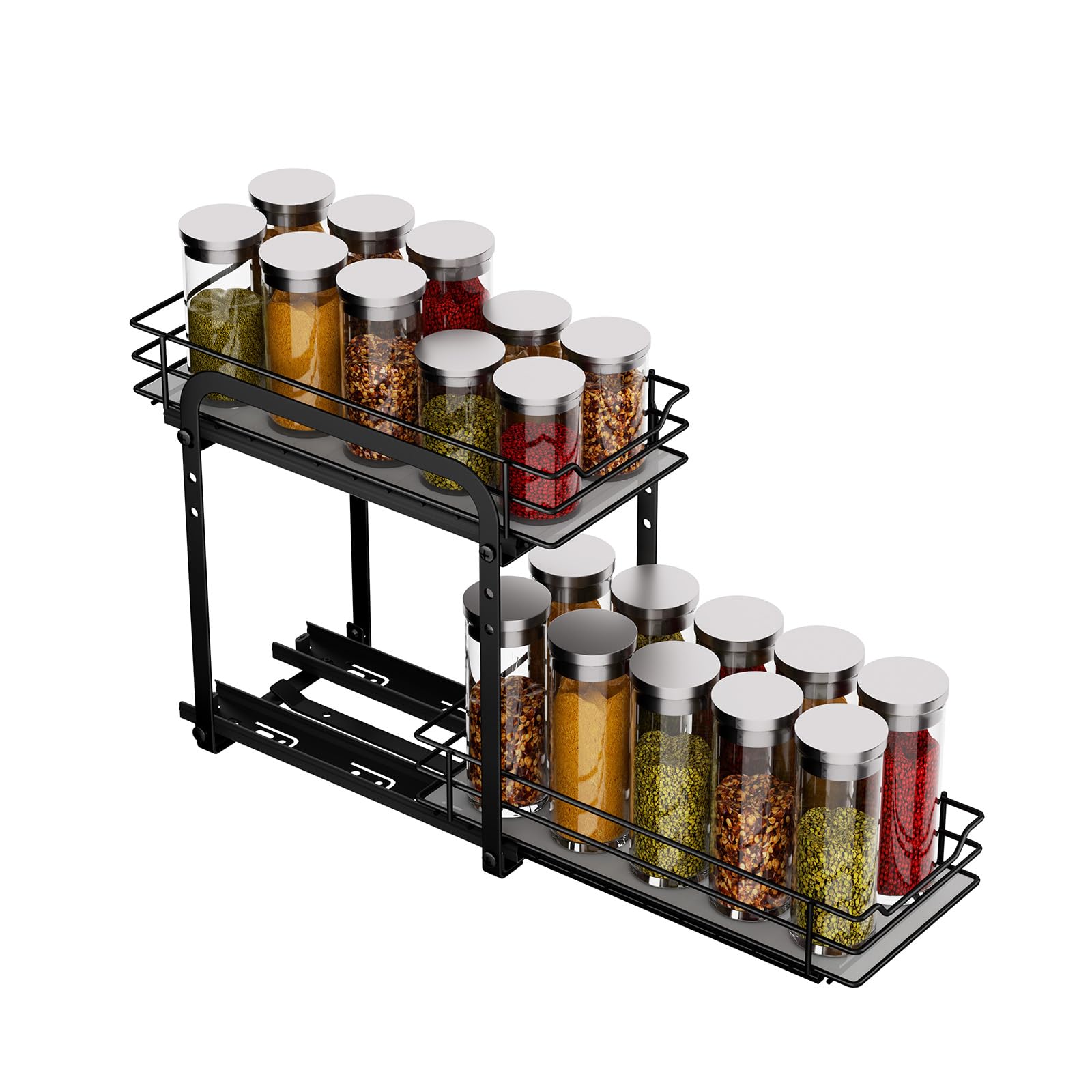 MAYZOLOP Pull out Spice Rack, 2-Tier Metal Spice Rack with Adjustable Height for Inside Cupboard, Kitchen Cupboard Organiser Storage Rack, 4.9in W x 10.4in L x 9in H