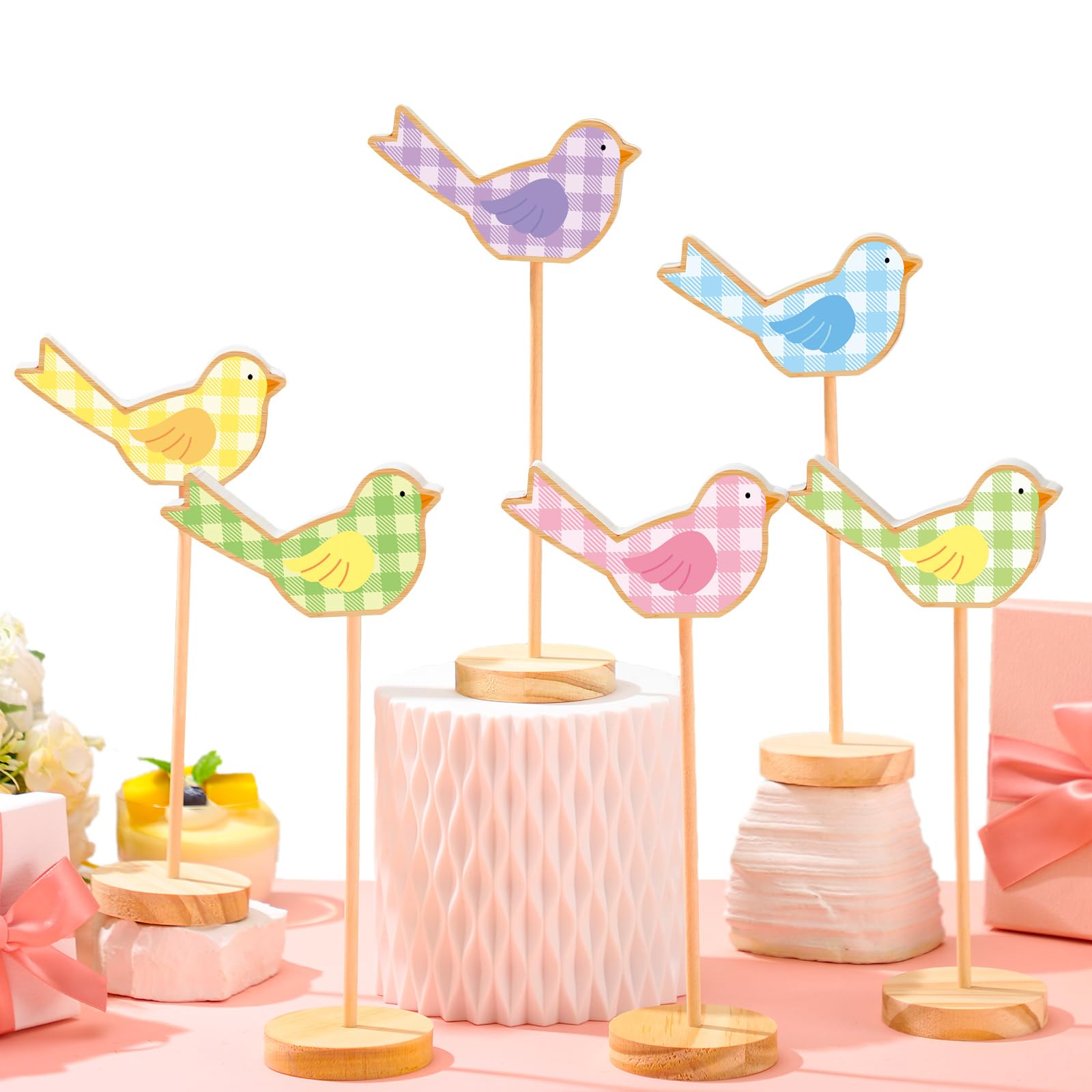 Photo 1 of Geetery 6 Pcs Spring Bird Decor Spring Wooden Table Sign Bird Centerpiece for Table Standing Colored Birds Decorative Figurines Wood Block Decorations for Home Tabletop Tiered Tray Decor