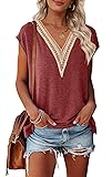 MEROKEETY Women's Casual Cap Sleeve Lace Trim V