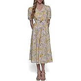 Karl Lagerfeld Womens V Neck Puff Sleeve Midi Dress