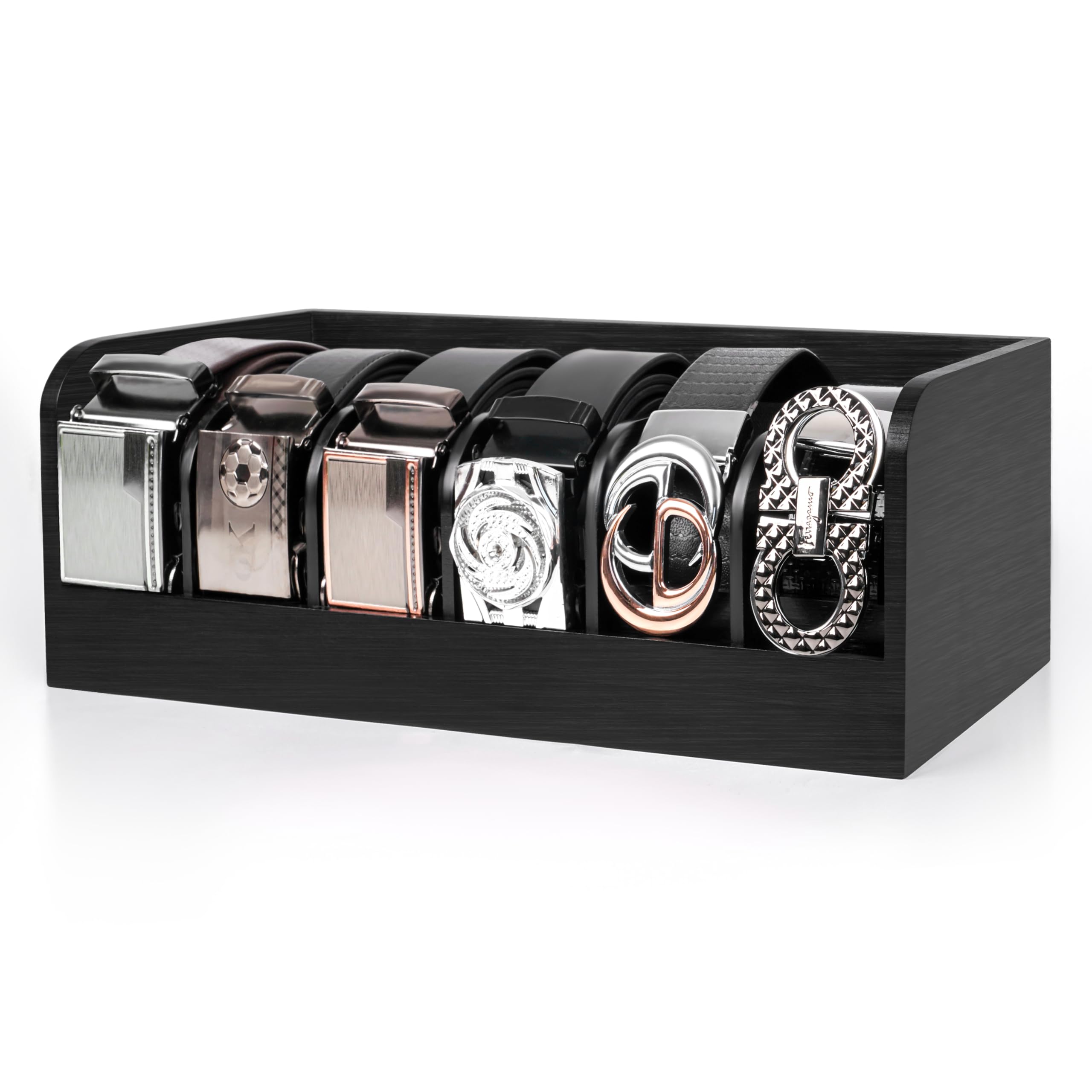 Winter Shore Black Belt Organiser Box - 6-Grid Dark Bamboo Wooden Belt Rack for Cabinet, Closet, Drawer & Wardrobe - Natural Belt Display Case for Men & Women - Container Case for Accessories, Watches