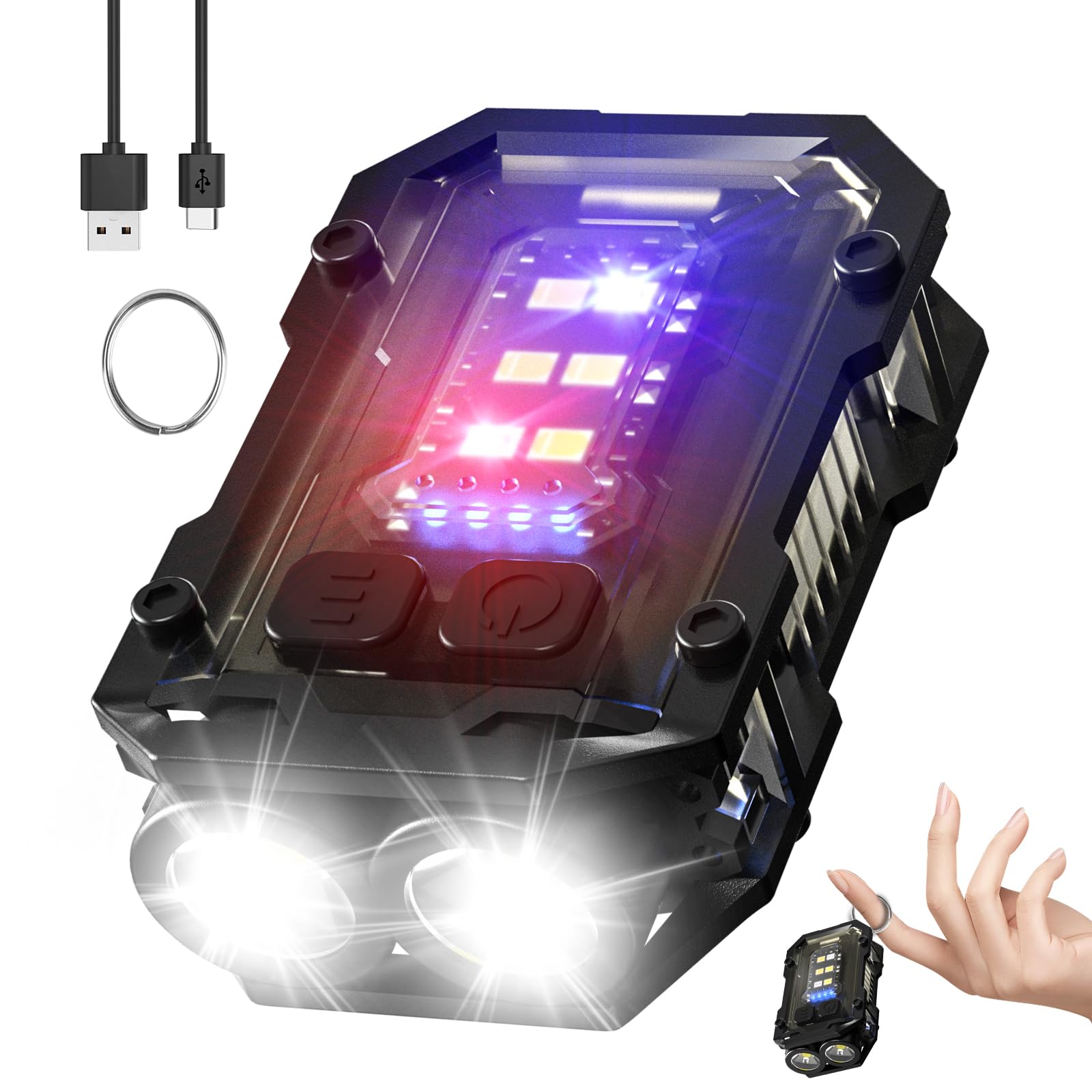 NGOKPYD N10 Mini Torch, Small Clip-on Torch Rechargeable Keyring Light with Red & Blue Flash, USB-C EDC Lamp with Magnetic Base for Work, Night & Dog Walking, Running, and Safety Lightin