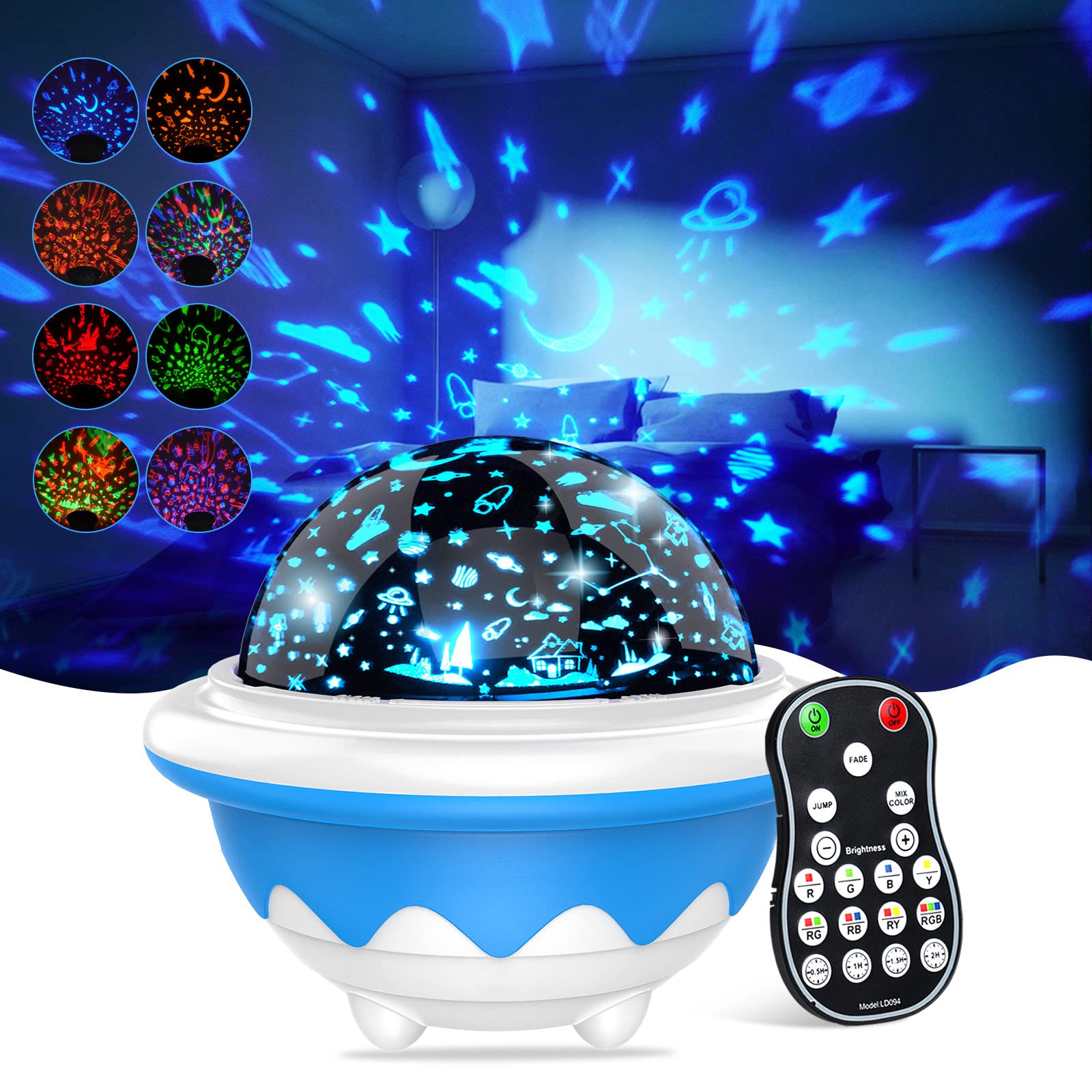 Baby Night Light Projector,3 Pattern Films+8 Lighting Colors USB Rechargeable Star Night Light Projector with Remote Control and Timer Control，Night Lighting for Kids Baby Nursery Bedroom Decorate